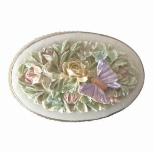 Vintage Butterfly Floral Antiqued Oval Resin Trinket Ring Box with Brooch Lid